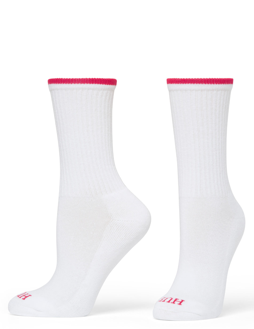 Two white socks with red accents on a white background