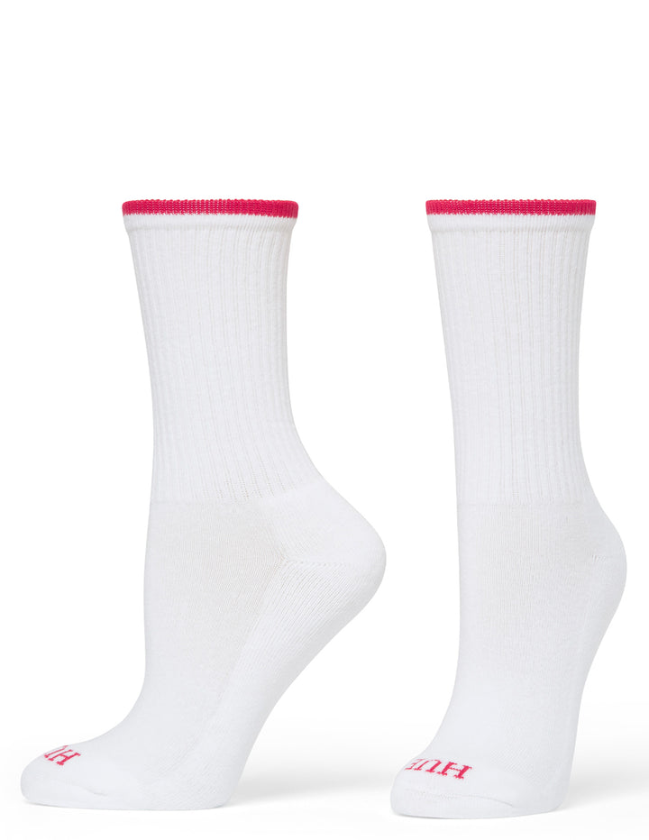 Two white socks with red accents on a white background