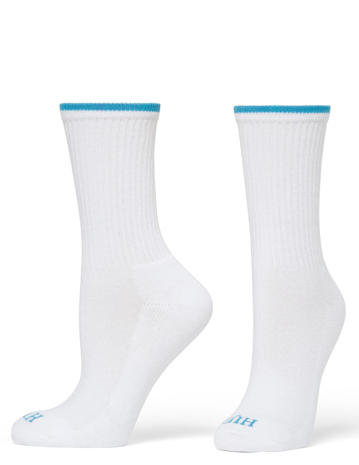 Two white socks with blue accents on a white background