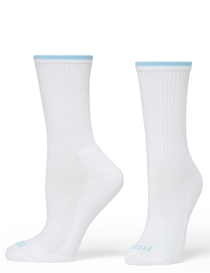 Two white socks with light blue trim on a white background