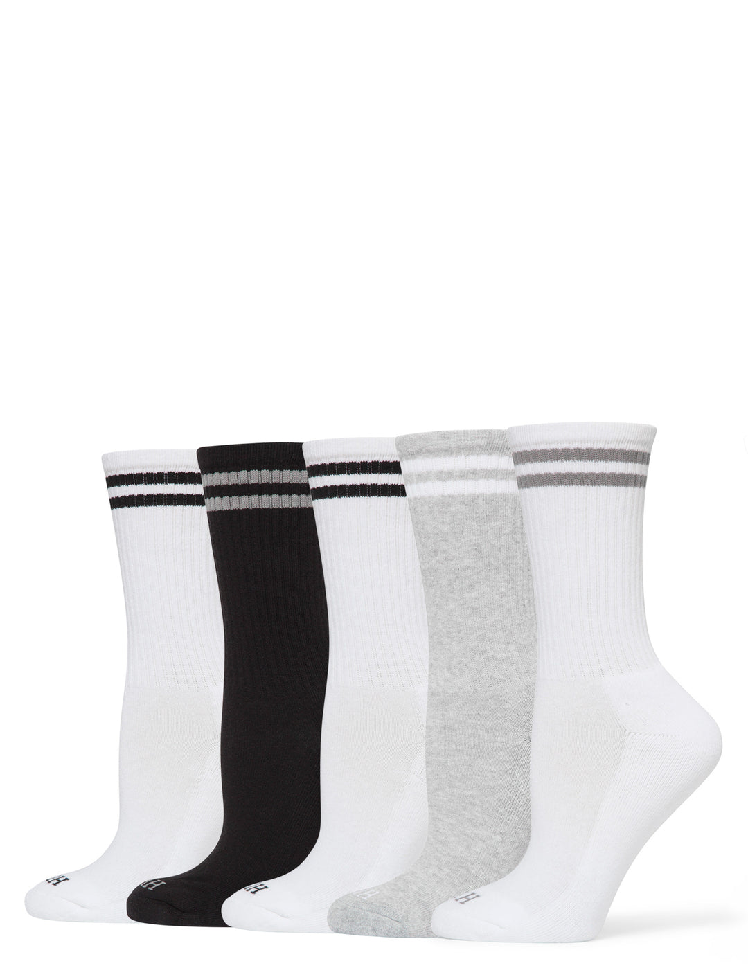 Set of five pairs of socks in white, black, and gray on a white background