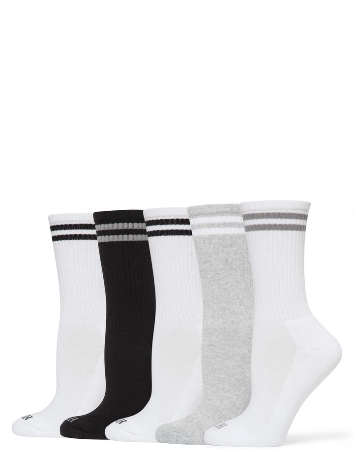 Set of five pairs of socks in white, black, and gray on a white background