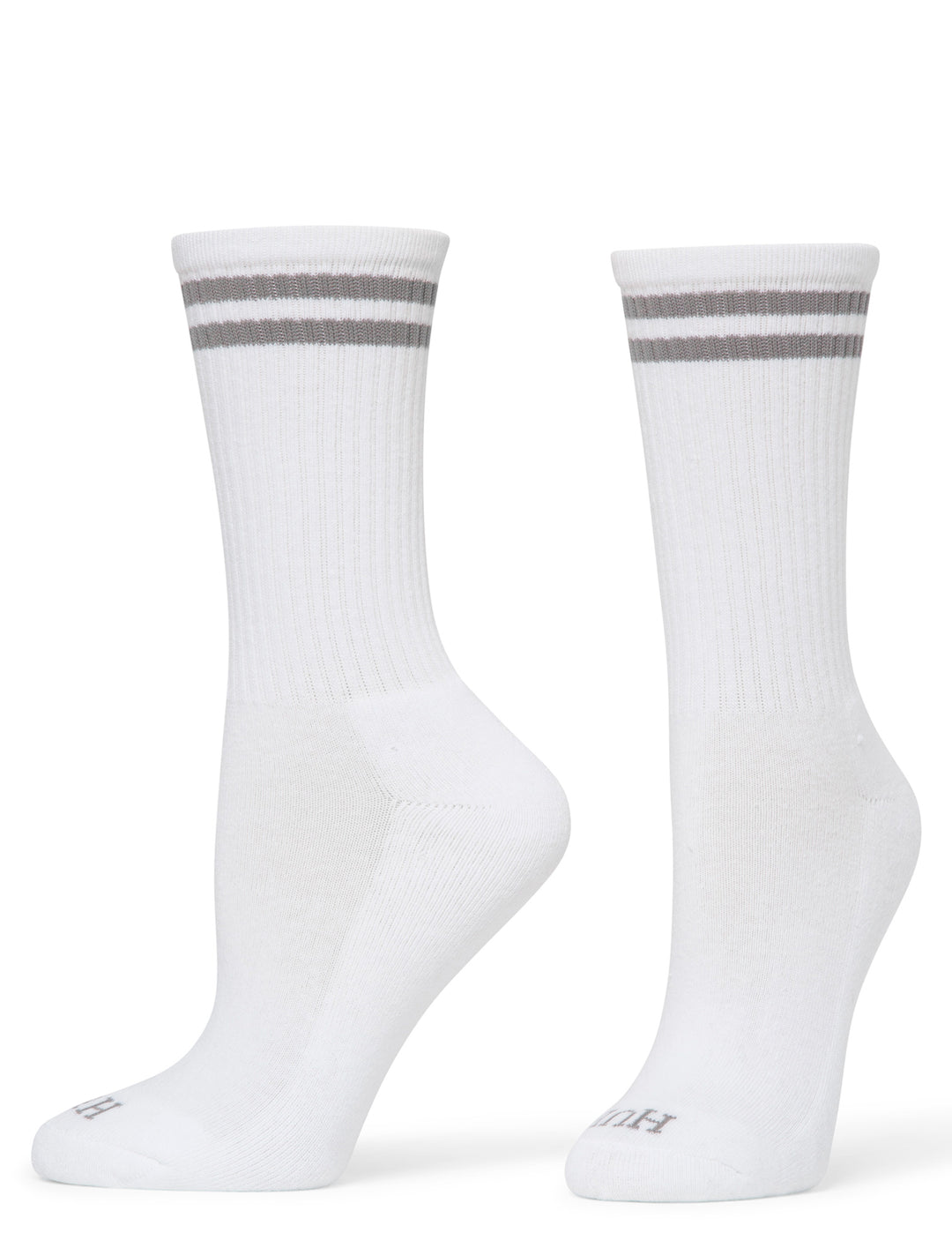Two white socks with gray stripes on a white background