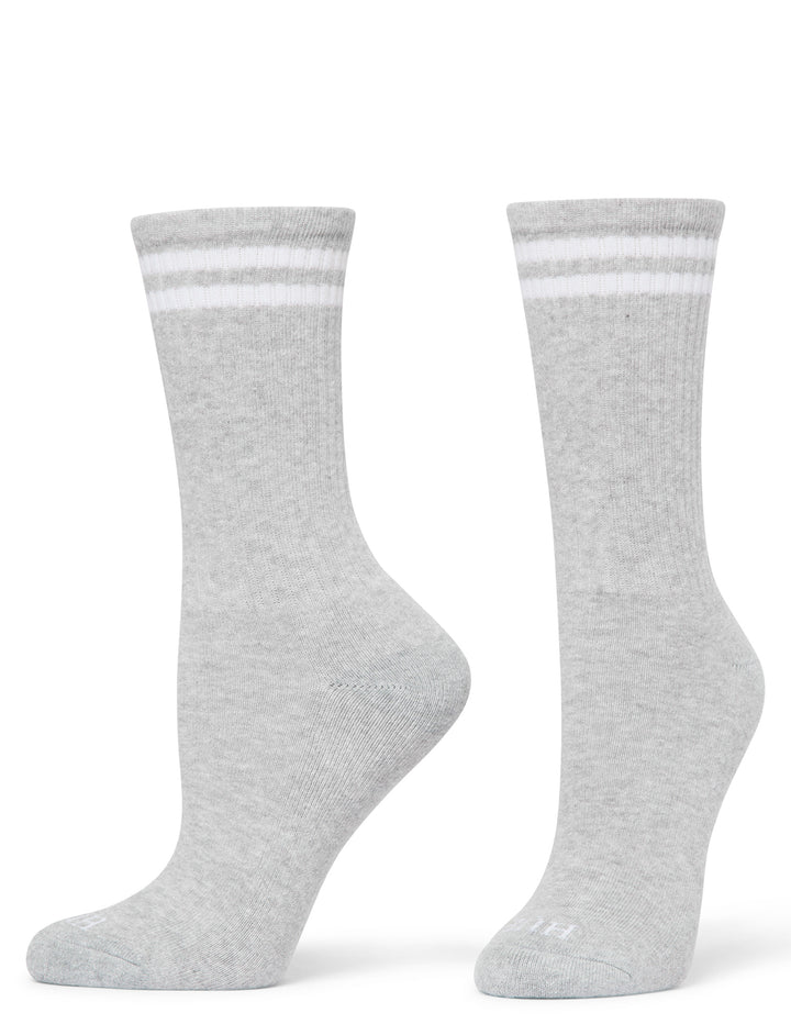 Pair of gray socks with white stripes on a white background