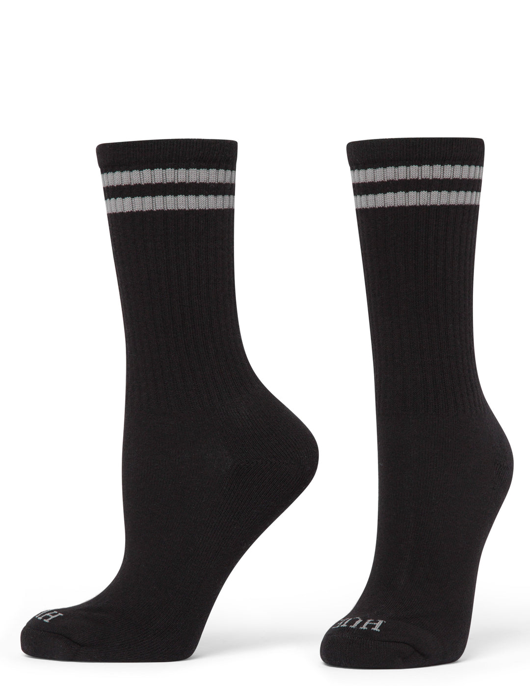 Black socks with two white stripes on a white background