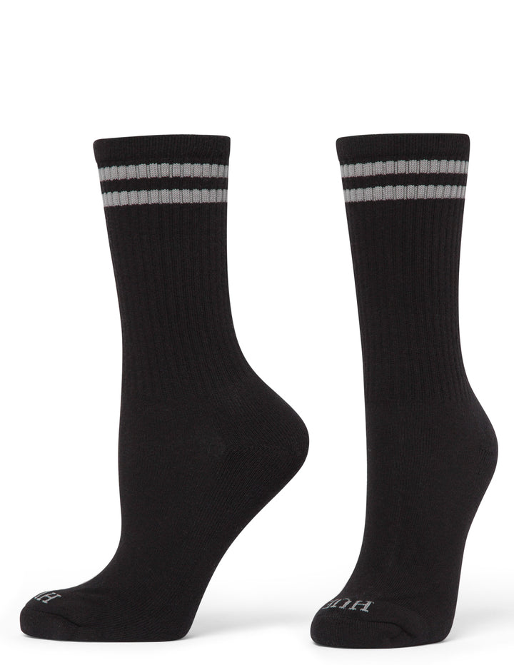Black socks with two white stripes on a white background