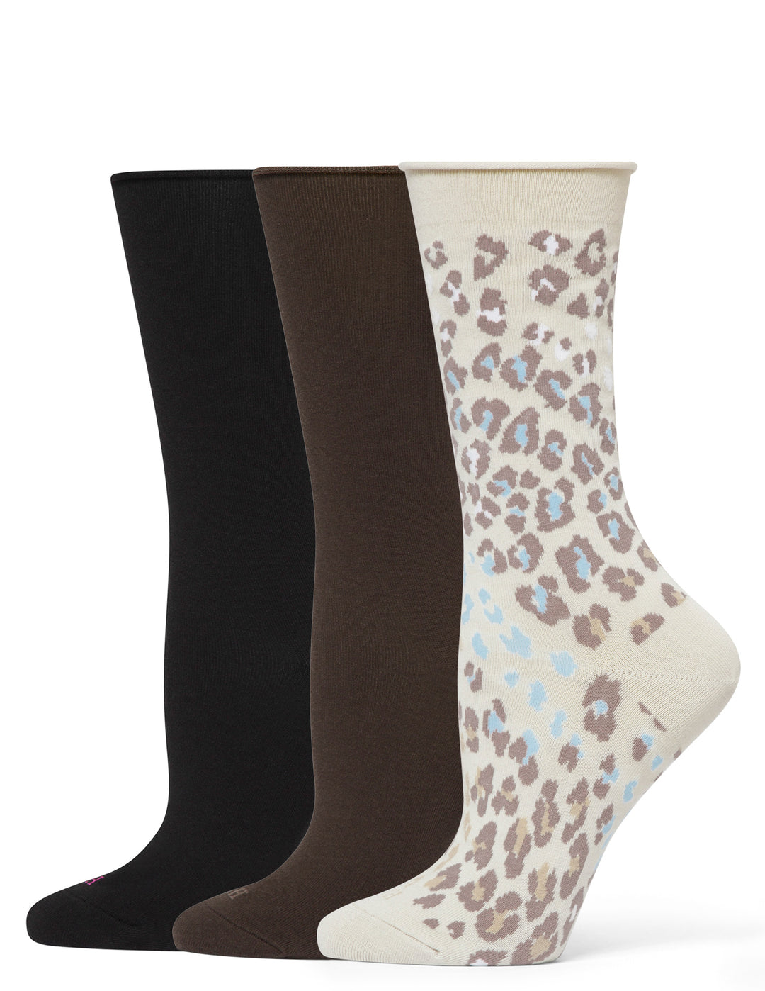 Three pairs of socks in black, brown, and beige with leopard print on a white background