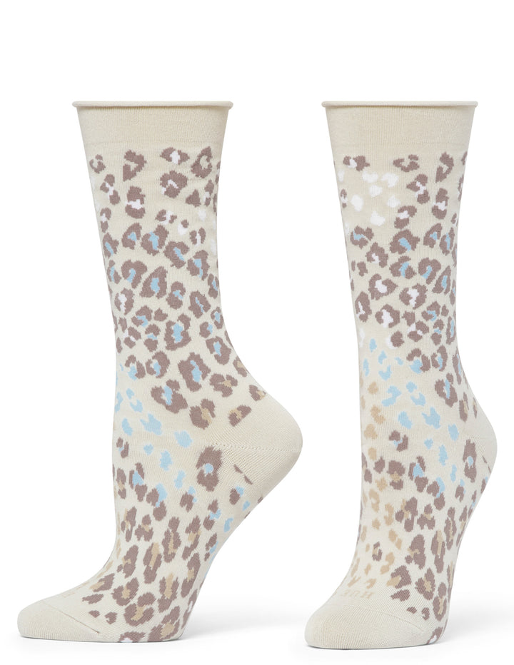 Pair of socks with a leopard print pattern on a white background