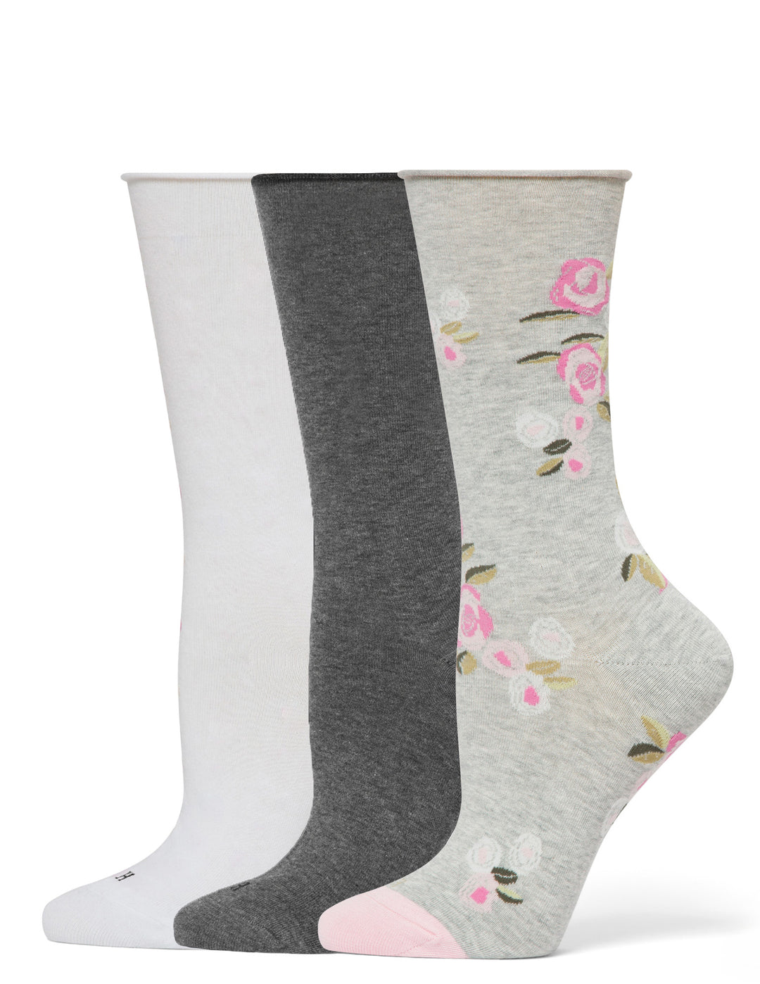 Three pairs of socks in white, gray, and floral pattern on a white background