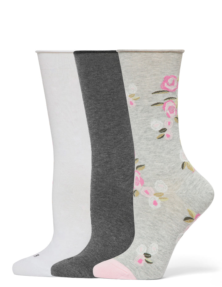 Three pairs of socks in white, gray, and floral pattern on a white background