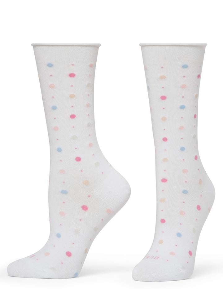 White pair of socks with colorful dots on white background