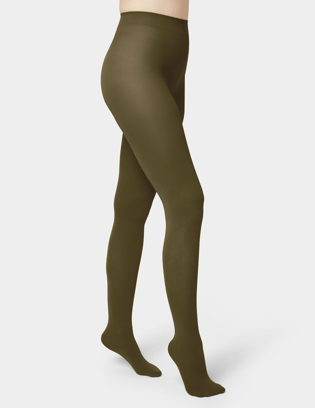 Olive green full-length tights worn on a model's legs, shown from the waist down against a light gray background.